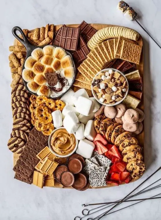 Chocolate dessert charcuterie board with smores.